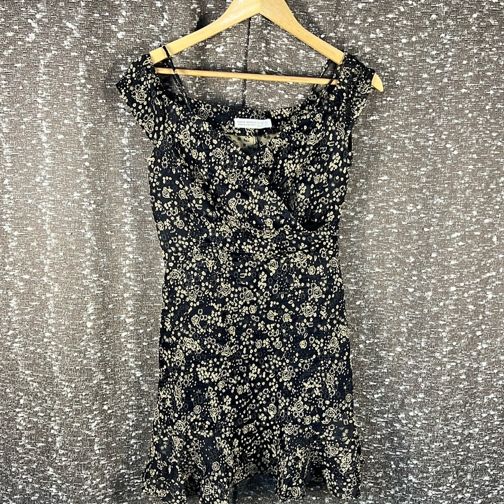 ZARA BASIC Z1975 Denim Off The Shoulder Dress Navy Blue W/ Cream Floral Print